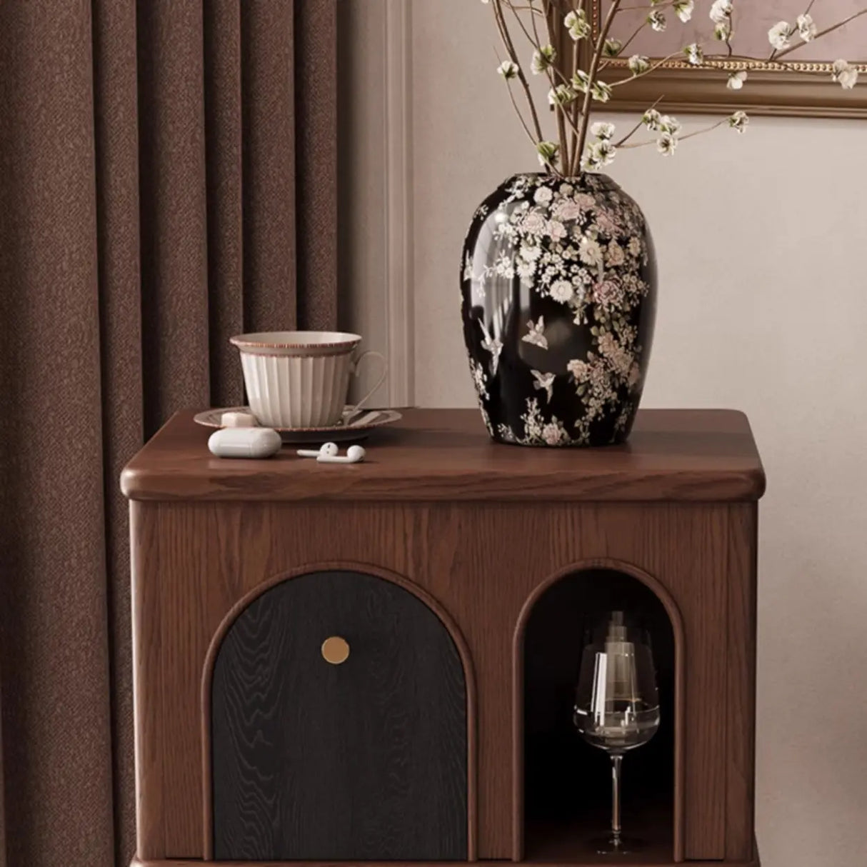 Vintage Brown High Leg Nightstand with Arch Door Drawer Image - 6