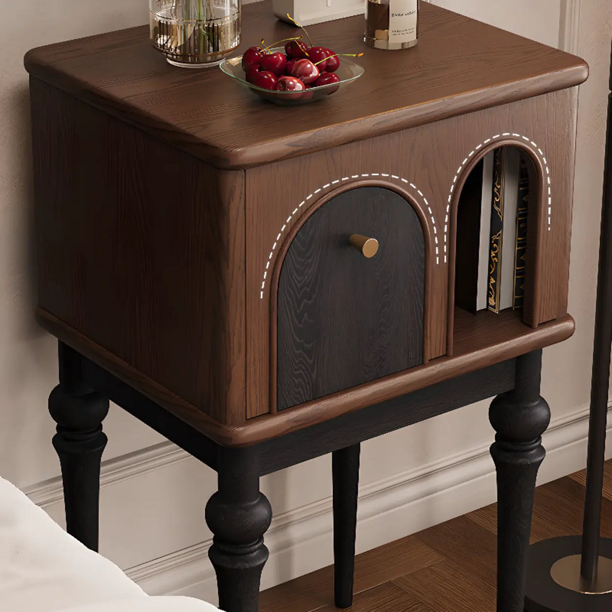 Vintage Brown High Leg Nightstand with Arch Door Drawer Image - 9