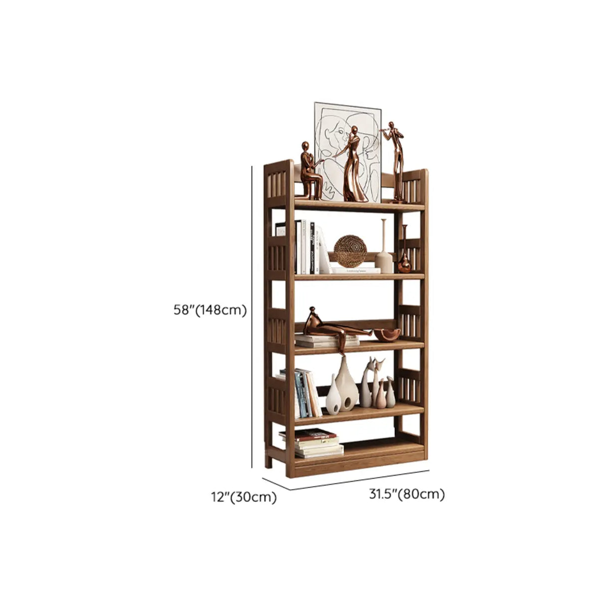 Vintage Brown Rubberwood Vertical Display Bookshelf Image - 14