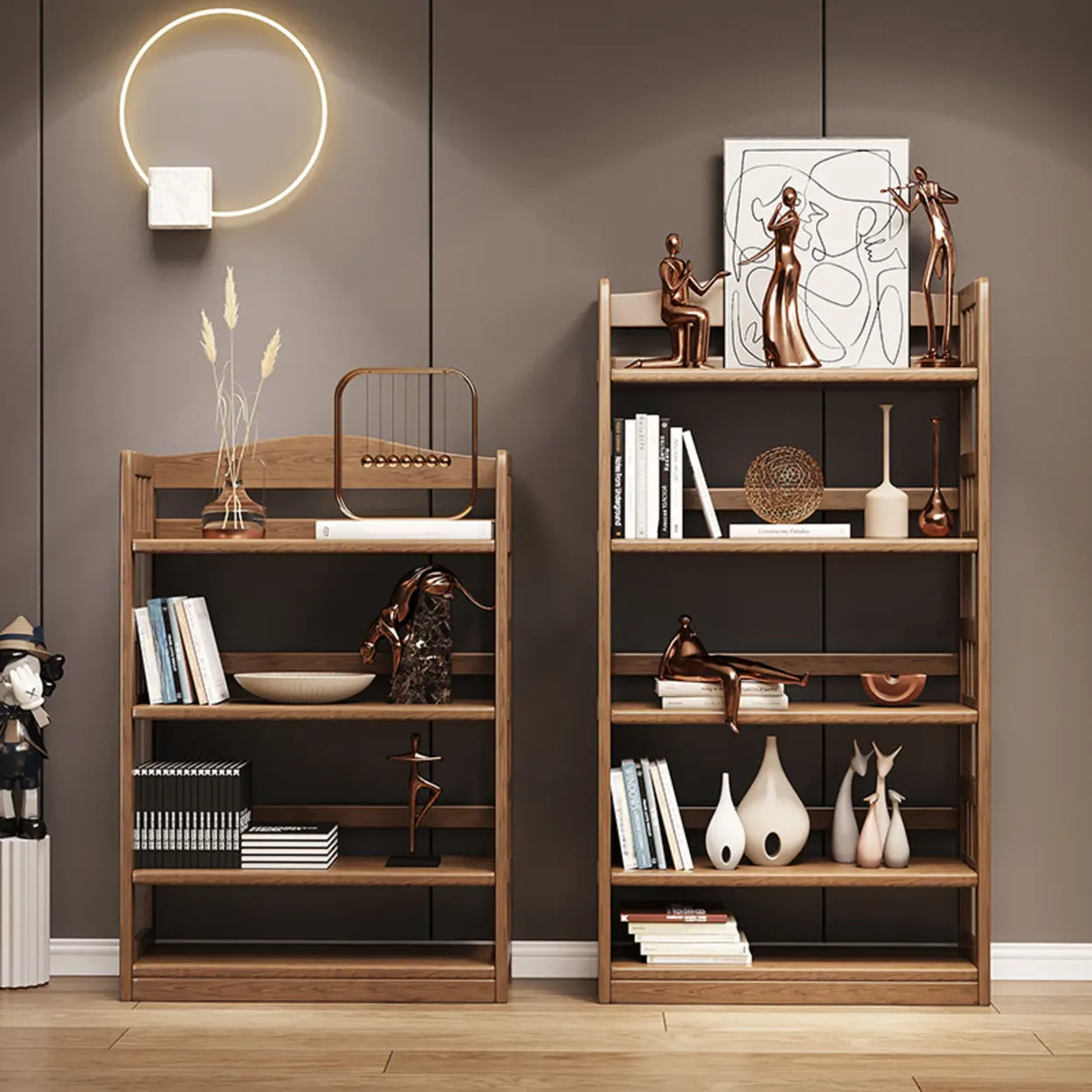 Vintage Brown Rubberwood Vertical Display Bookshelf Image - 2