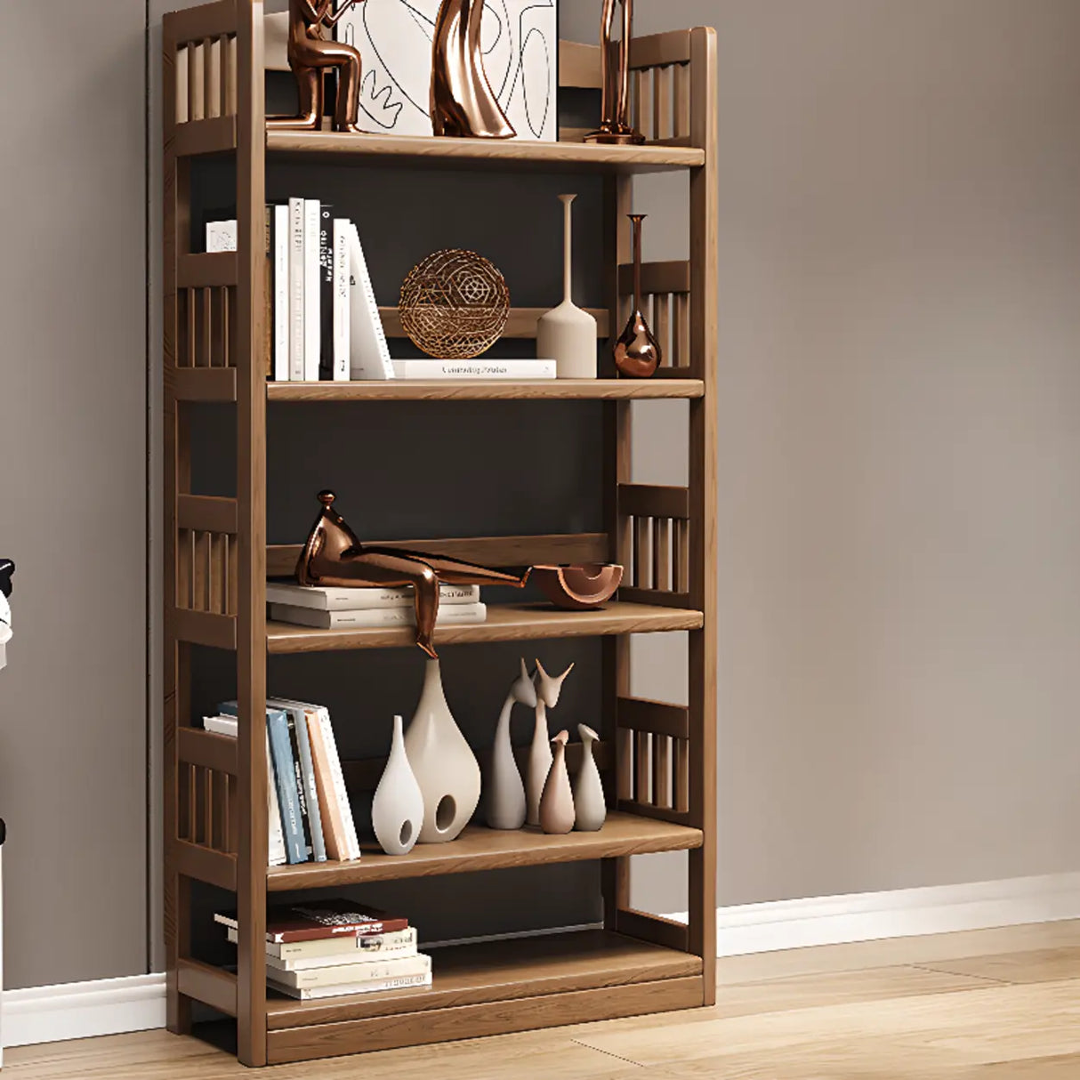 Vintage Brown Rubberwood Vertical Display Bookshelf Image - 3