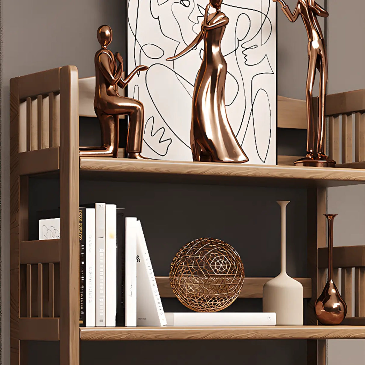 Vintage Brown Rubberwood Vertical Display Bookshelf Image - 4