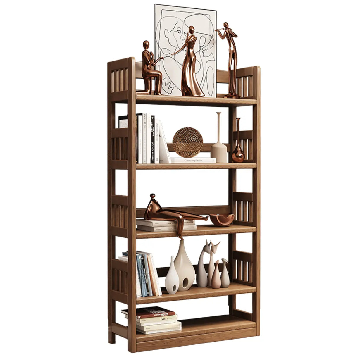 Vintage Brown Rubberwood Vertical Display Bookshelf Image - 5