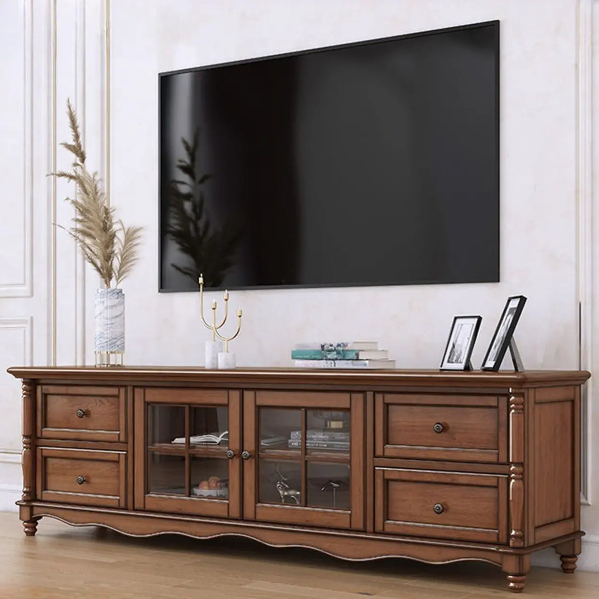 Vintage Brown Wood Rectangle Long TV Stand with Storage Image - 1