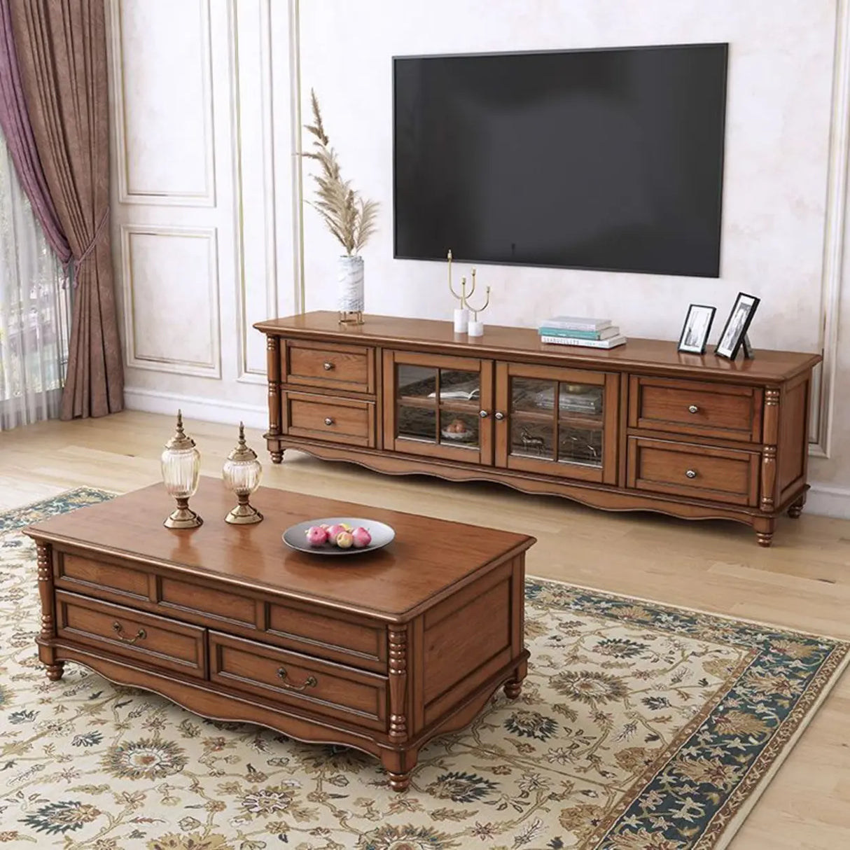 Vintage Brown Wood Rectangle Long TV Stand with Storage Image - 2