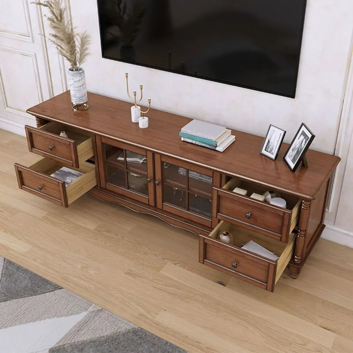 Vintage Brown Wood Rectangle Long TV Stand with Storage Image - 3