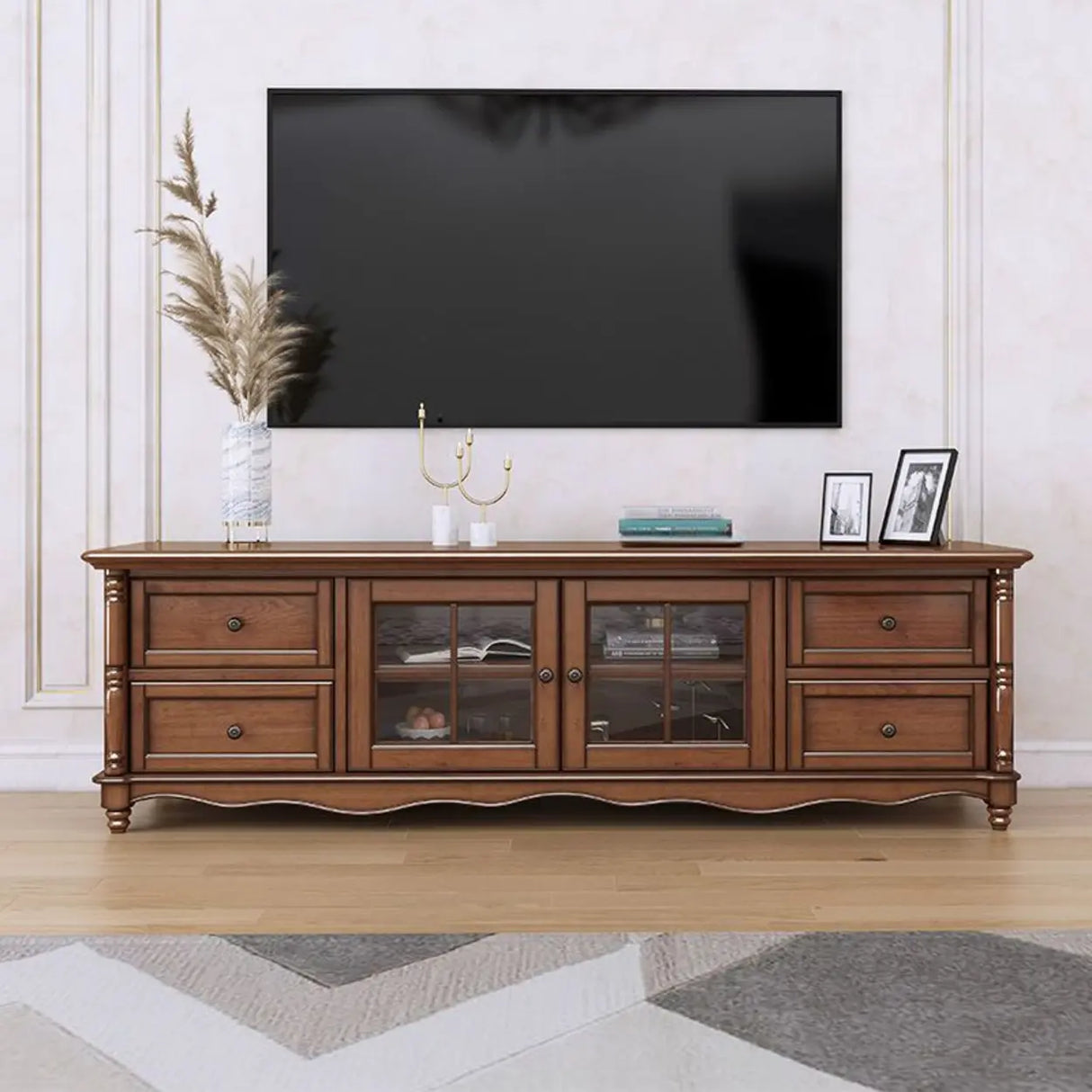 Vintage Brown Wood Rectangle Long TV Stand with Storage Image - 4