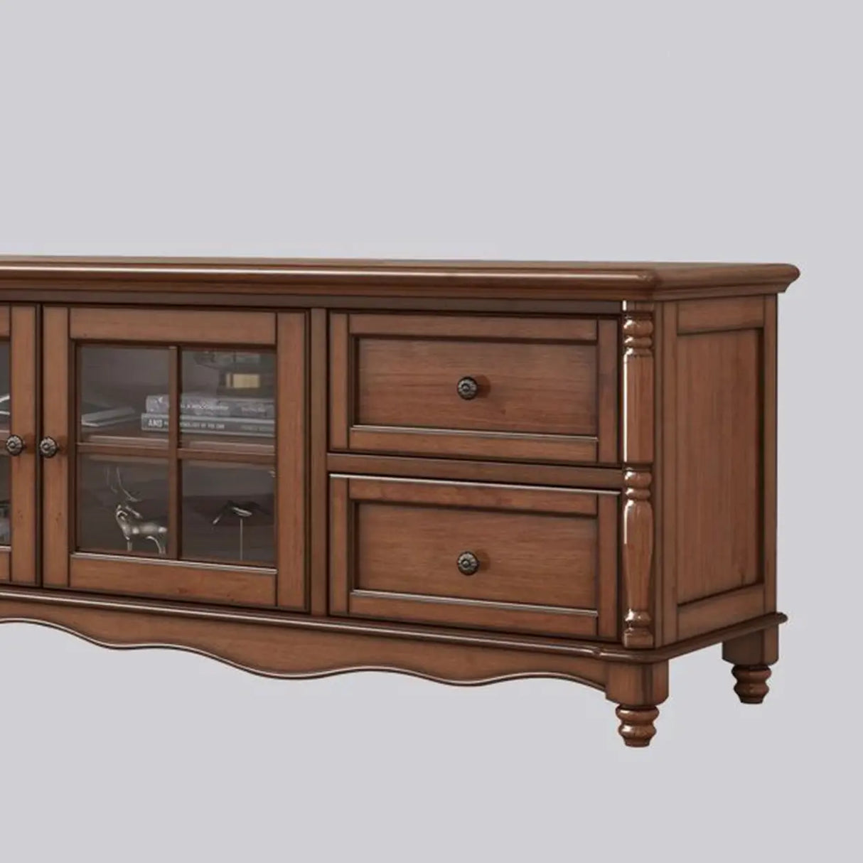 Vintage Brown Wood Rectangle Long TV Stand with Storage Image - 7