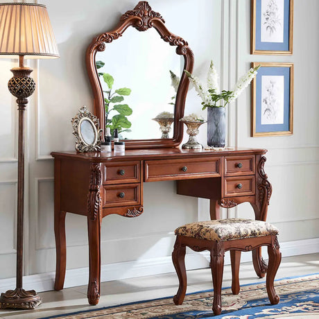 Vintage Carved Wood Bedroom Brown 4-Drawer Makeup Vanity Image - 1
