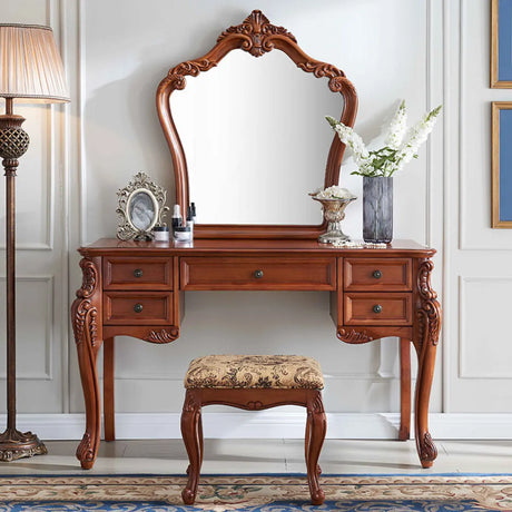 Vintage Carved Wood Bedroom Brown 4-Drawer Makeup Vanity Image - 2