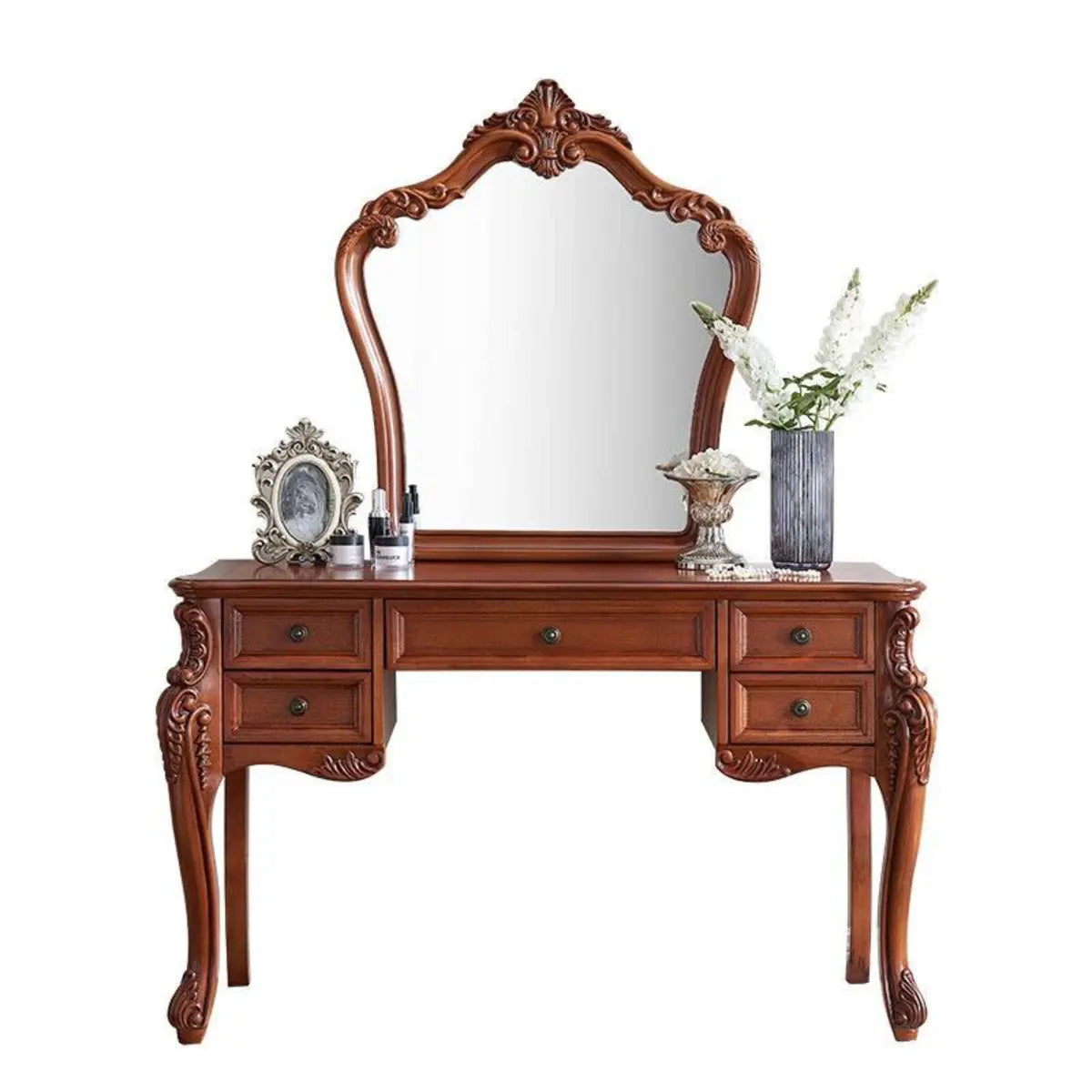 Vintage Carved Wood Bedroom Brown 4-Drawer Makeup Vanity Image - 4