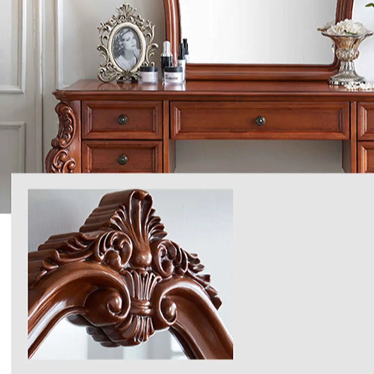 Vintage Carved Wood Bedroom Brown 4-Drawer Makeup Vanity Image - 6