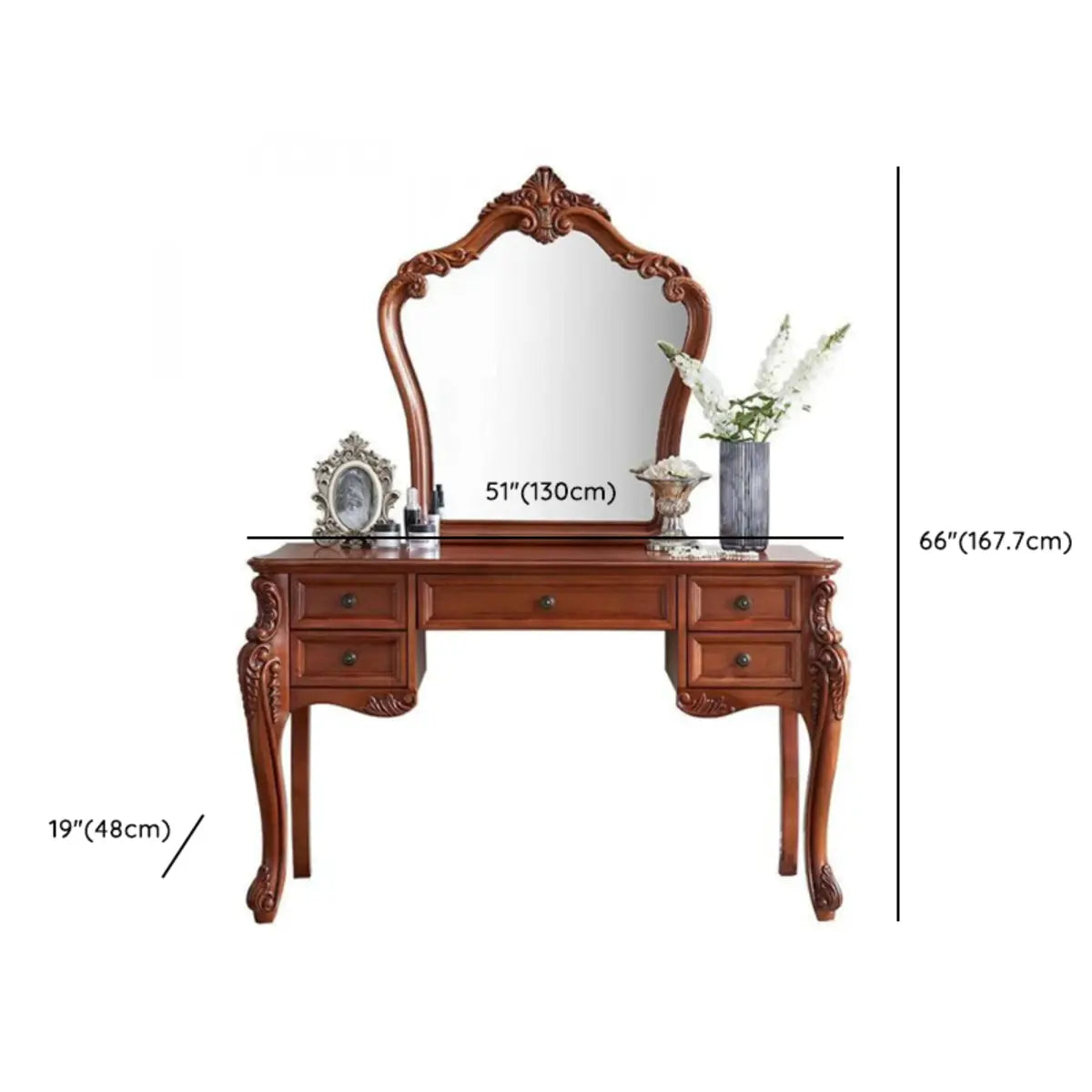 Vintage Carved Wood Bedroom Brown 4-Drawer Makeup Vanity Image - 9