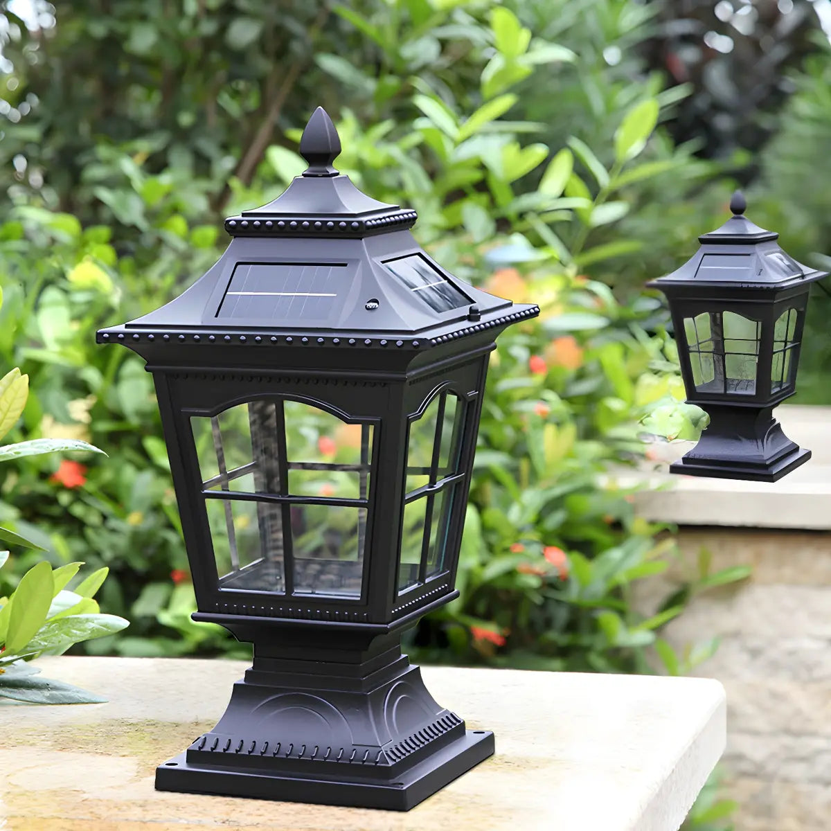 Vintage Chic Solar Lantern Black Aluminum Outdoor Lamp Image - 1