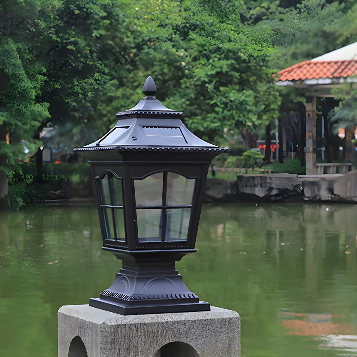 Vintage Chic Solar Lantern Black Aluminum Outdoor Lamp Image - 3