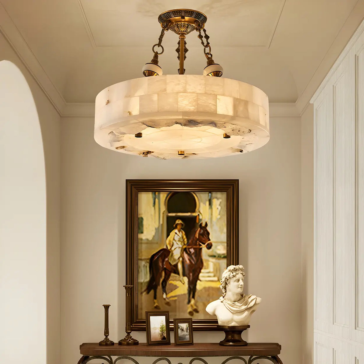 Vintage Circular Alabaster Gold Pendant Light Chandelier Image - 16