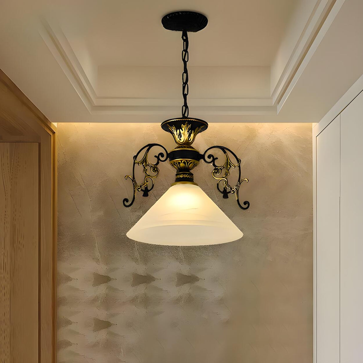 Vintage Classic Iron White Glass Cone Pendant Light Image - 6