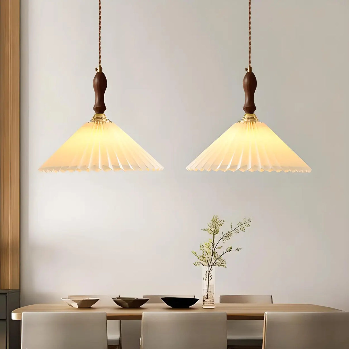 Vintage Cone Wood Pendant Light Dining Room Beige Image - 14