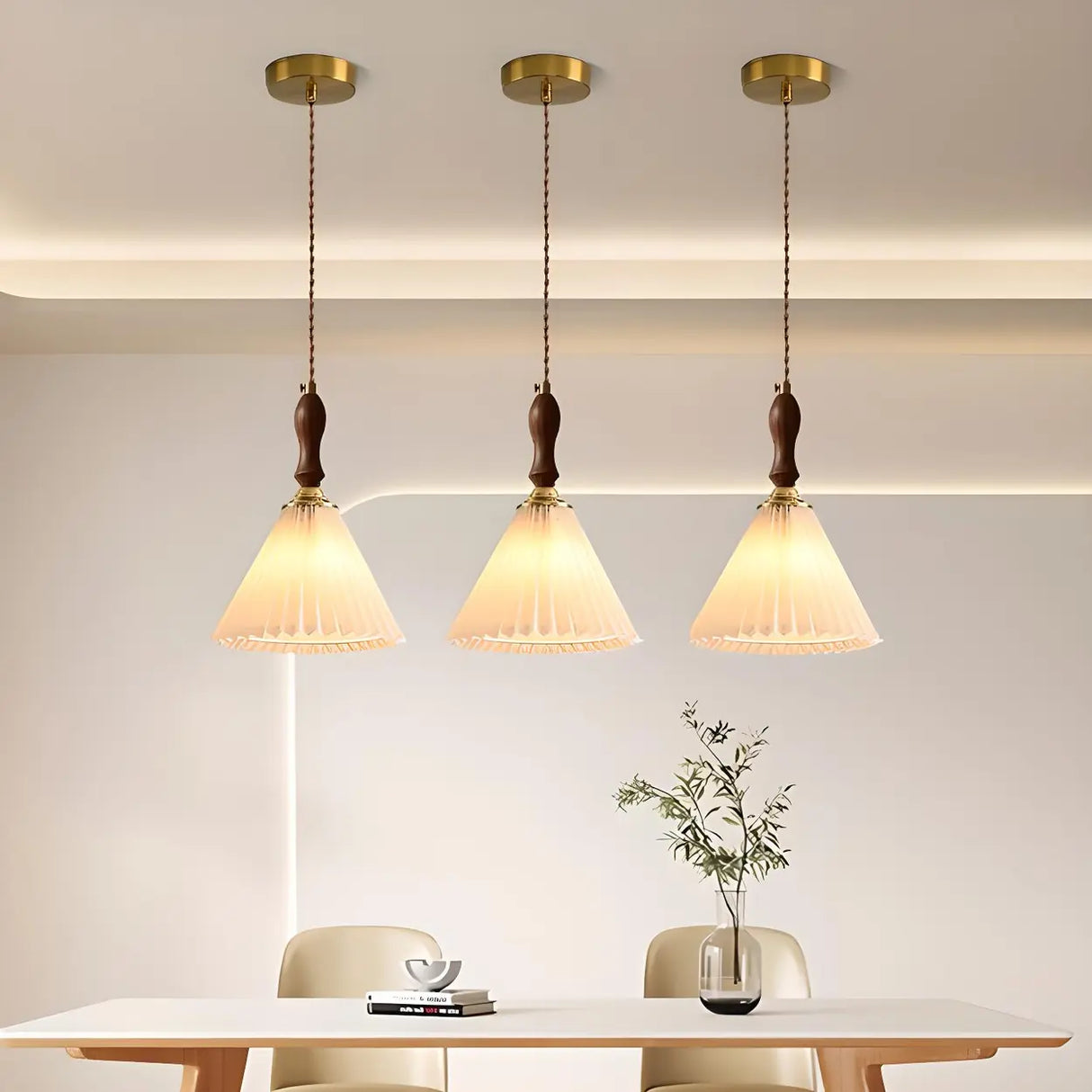 Vintage Cone Wood Pendant Light Dining Room Beige Image - 4