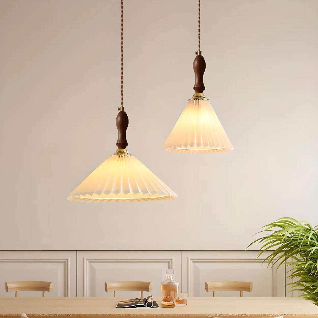 Vintage Cone Wood Pendant Light Dining Room Beige Image - 5