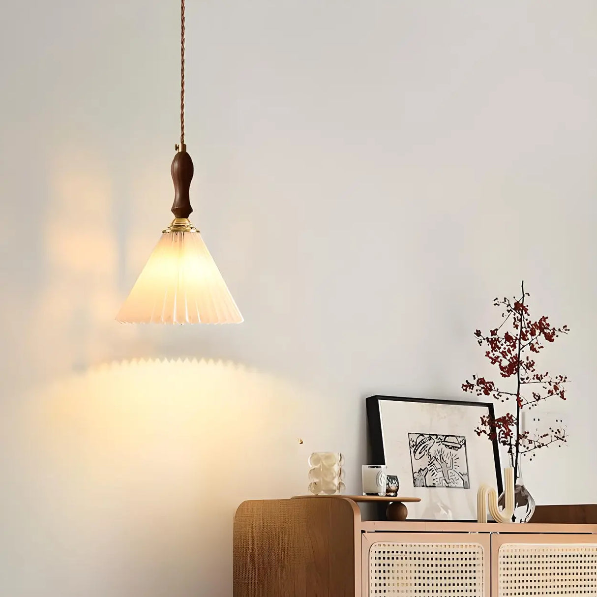 Vintage Cone Wood Pendant Light Dining Room Beige Image - 6