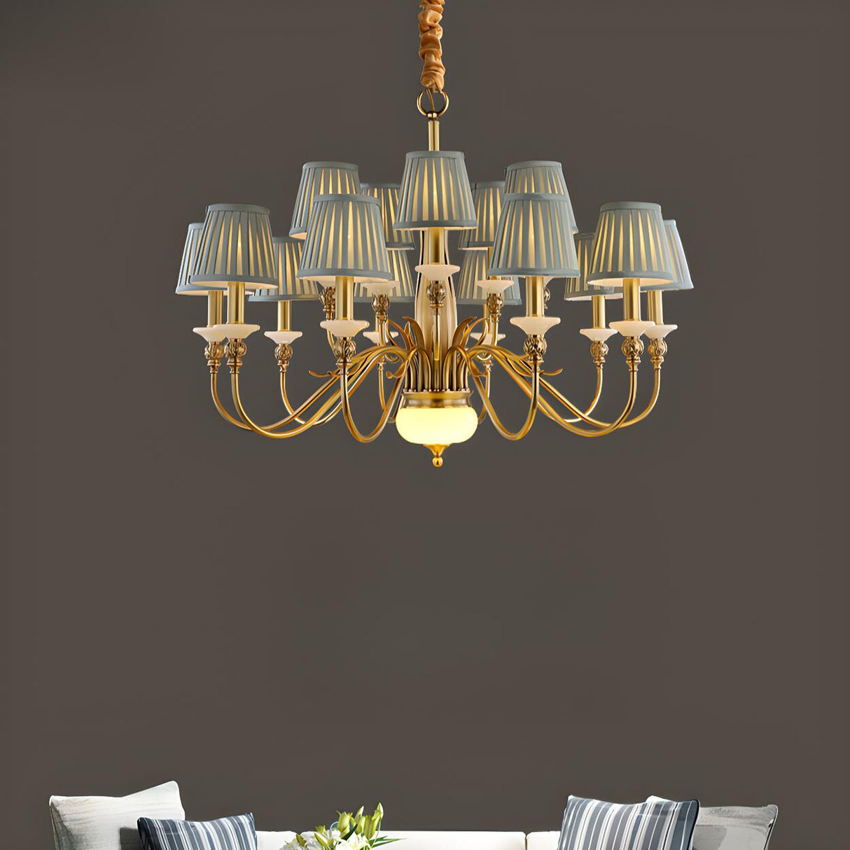 Vintage Copper Curved Arm Blue Fabric Drum Chandelier Image - 4