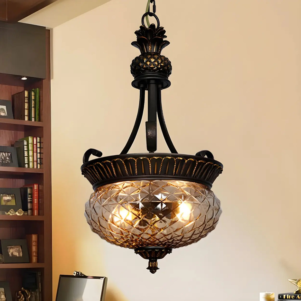 Vintage Dining Room Amber Glass Bowl Pendant Chandelier Image - 2