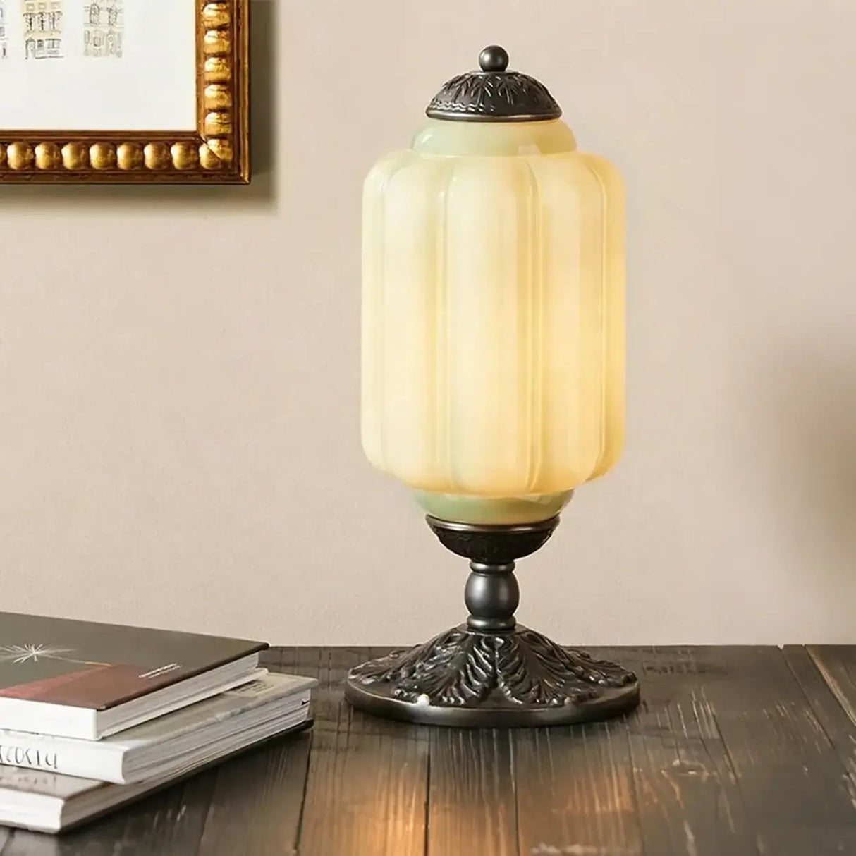 Vintage Elegant Glass Geometric Table Lamp with Brass Base Image - 4