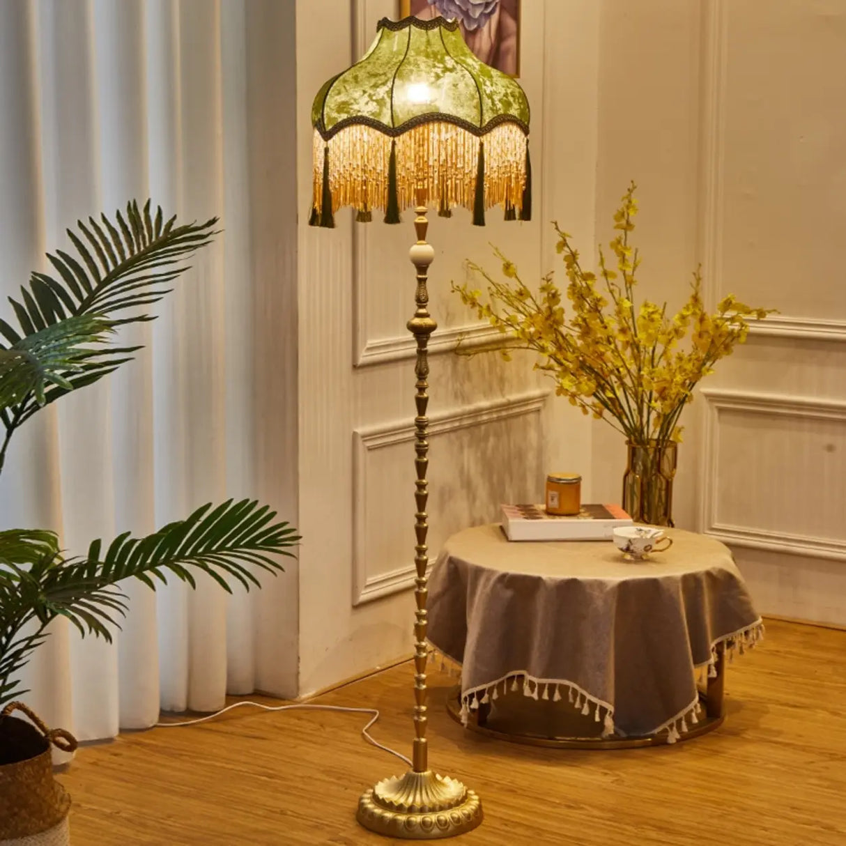 Vintage European Luxury Green Dome Gold Fringe Floor Lamp Image - 1