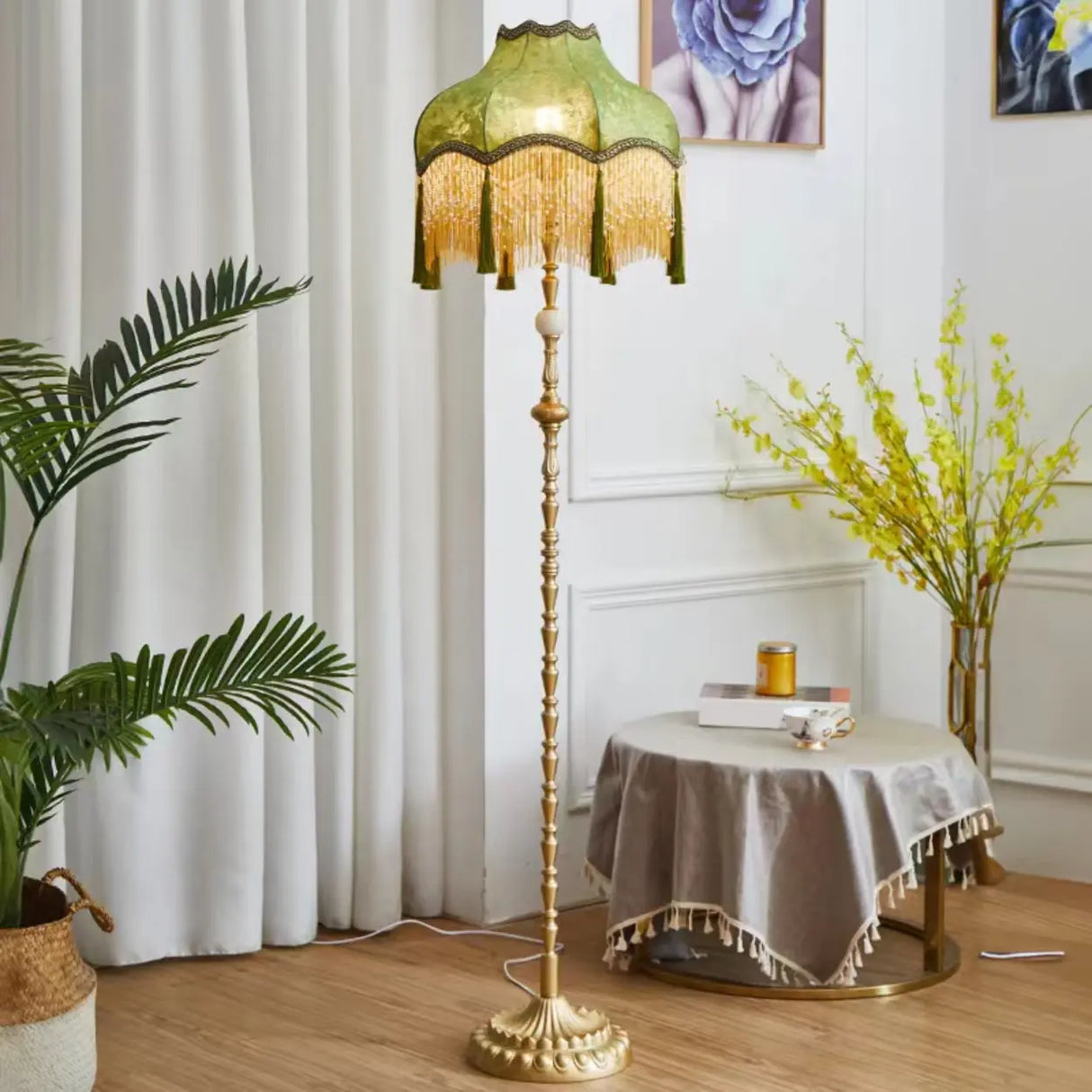 Vintage European Luxury Green Dome Gold Fringe Floor Lamp Image - 3