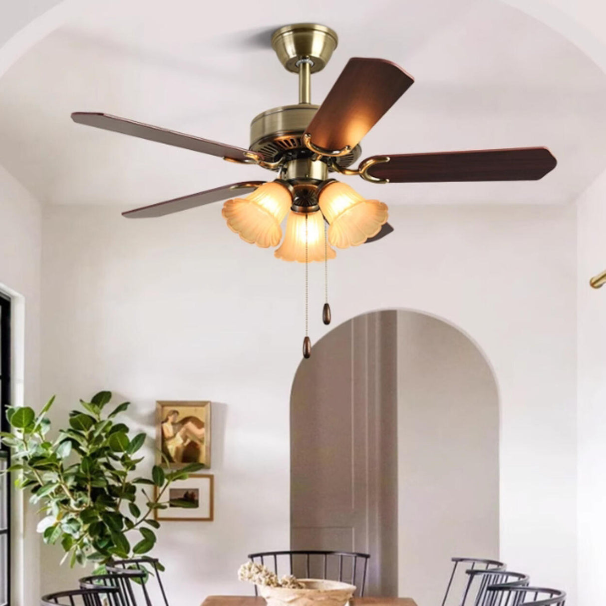 Vintage Floral 5 Blade Bronze Ceiling Fan with Light Image - 14