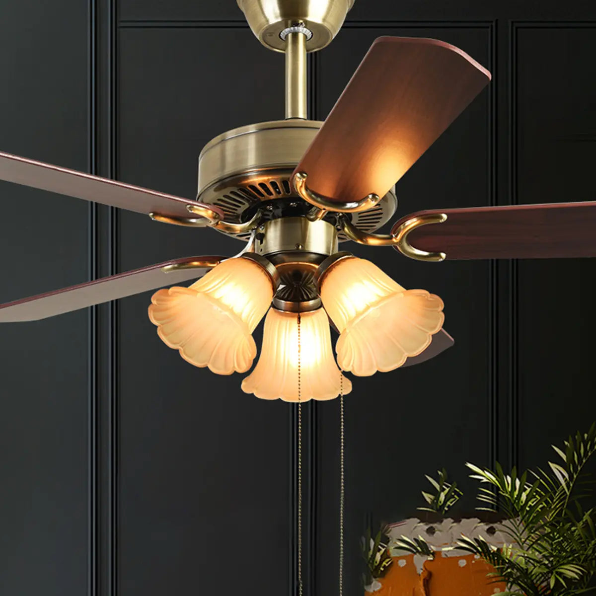 Vintage Floral 5 Blade Bronze Ceiling Fan with Light Image - 3
