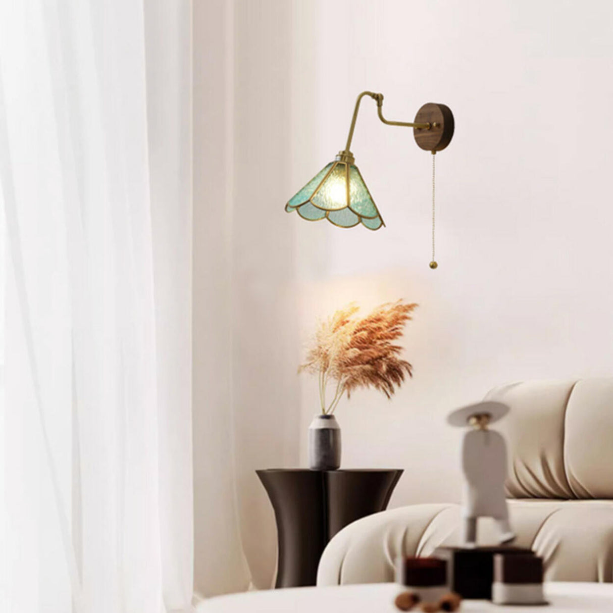 Vintage Floral Blue Glass Wall Sconce with Pull Chain Image - 1