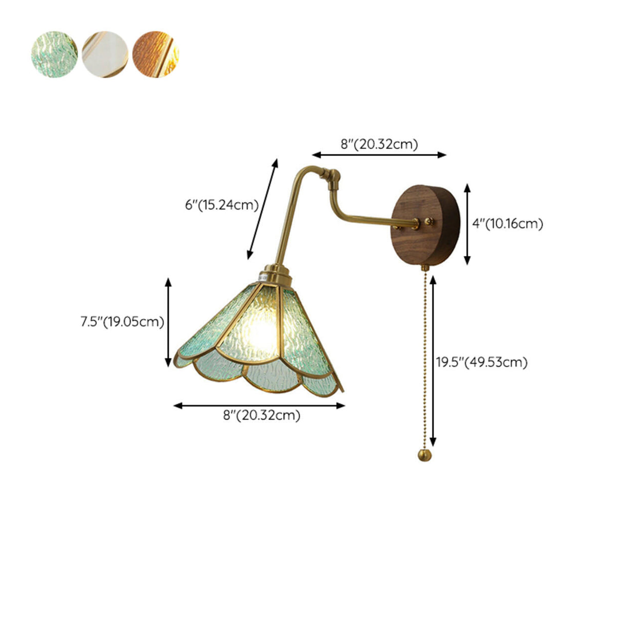 Vintage Floral Blue Glass Wall Sconce with Pull Chain