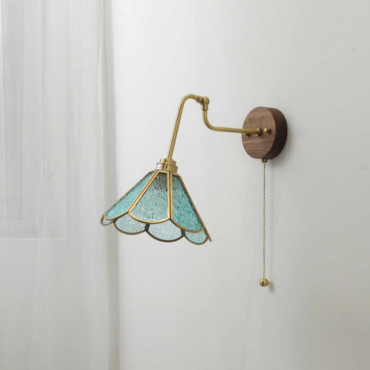 Vintage Floral Blue Glass Wall Sconce with Pull Chain Image - 2