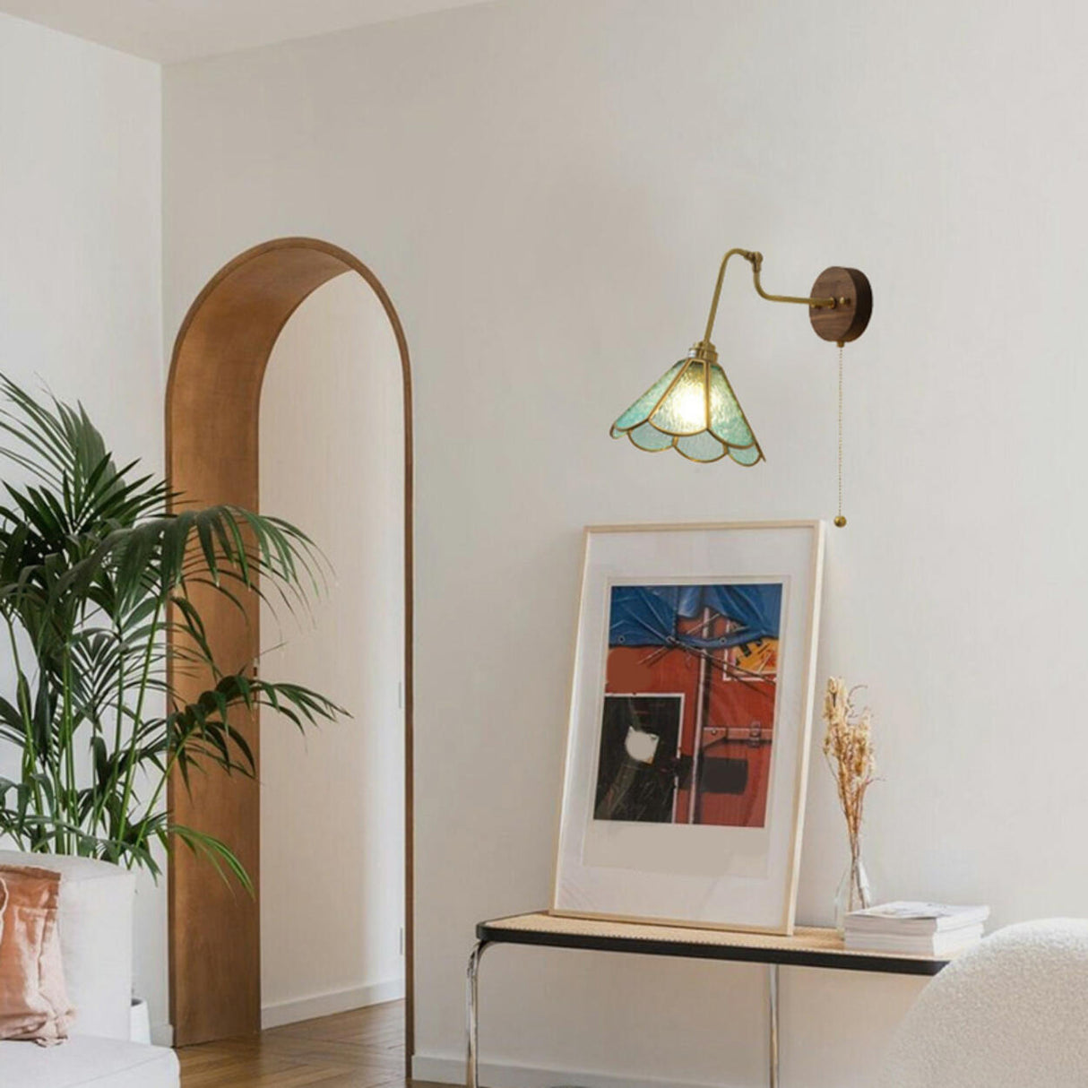 Vintage Floral Blue Glass Wall Sconce with Pull Chain Image - 3