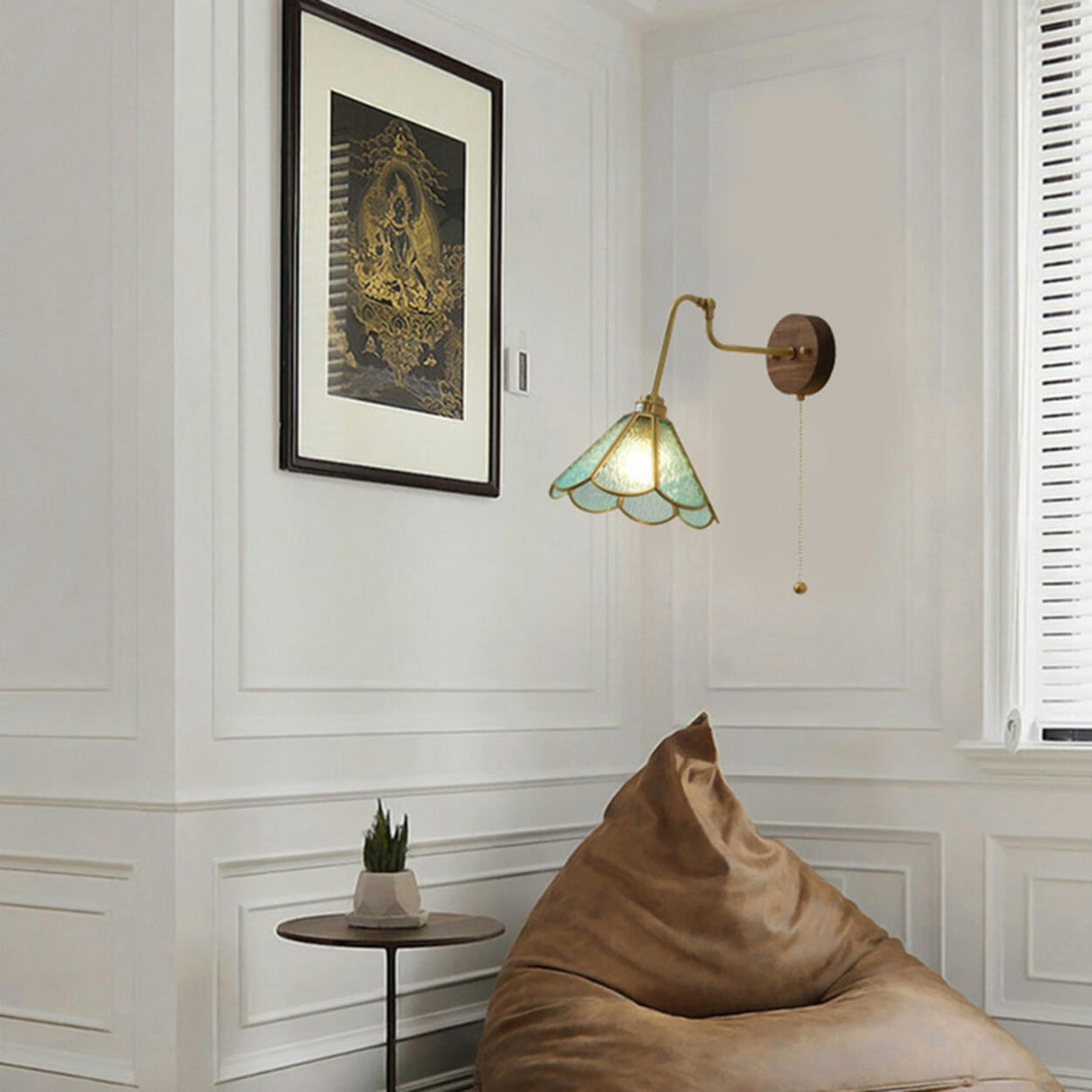 Vintage Floral Blue Glass Wall Sconce with Pull Chain Image - 4