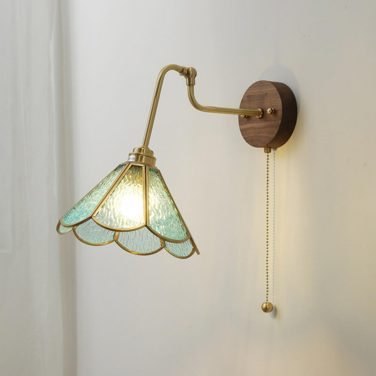 Vintage Floral Blue Glass Wall Sconce with Pull Chain Image - 6
