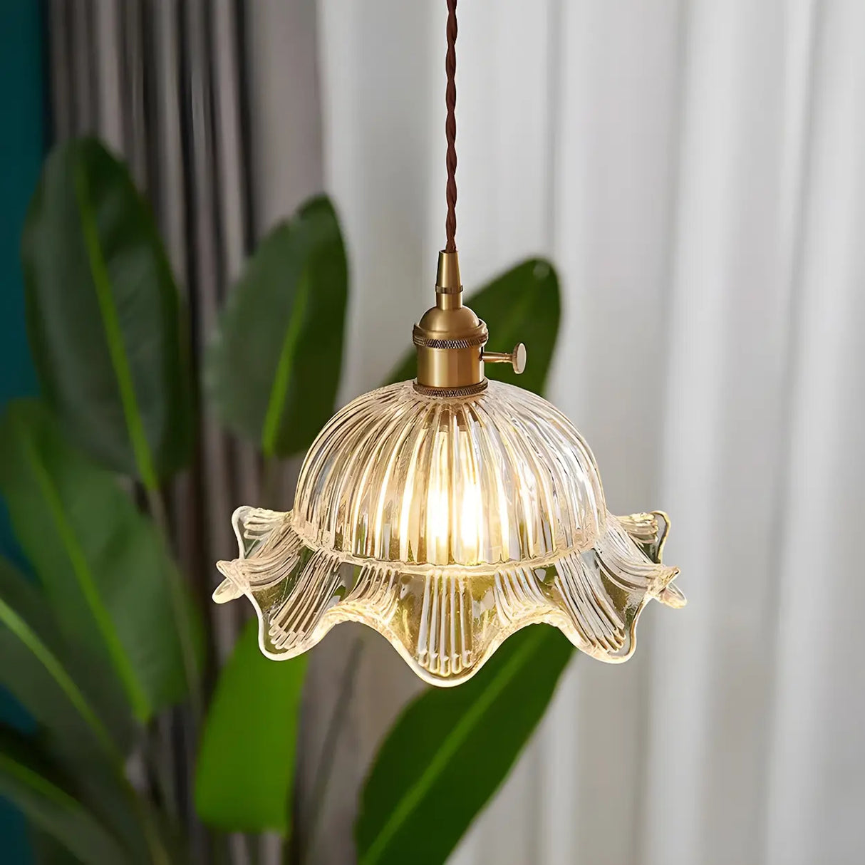 Vintage Floral Clear Glass Pendant Light Brass Finish Image - 1