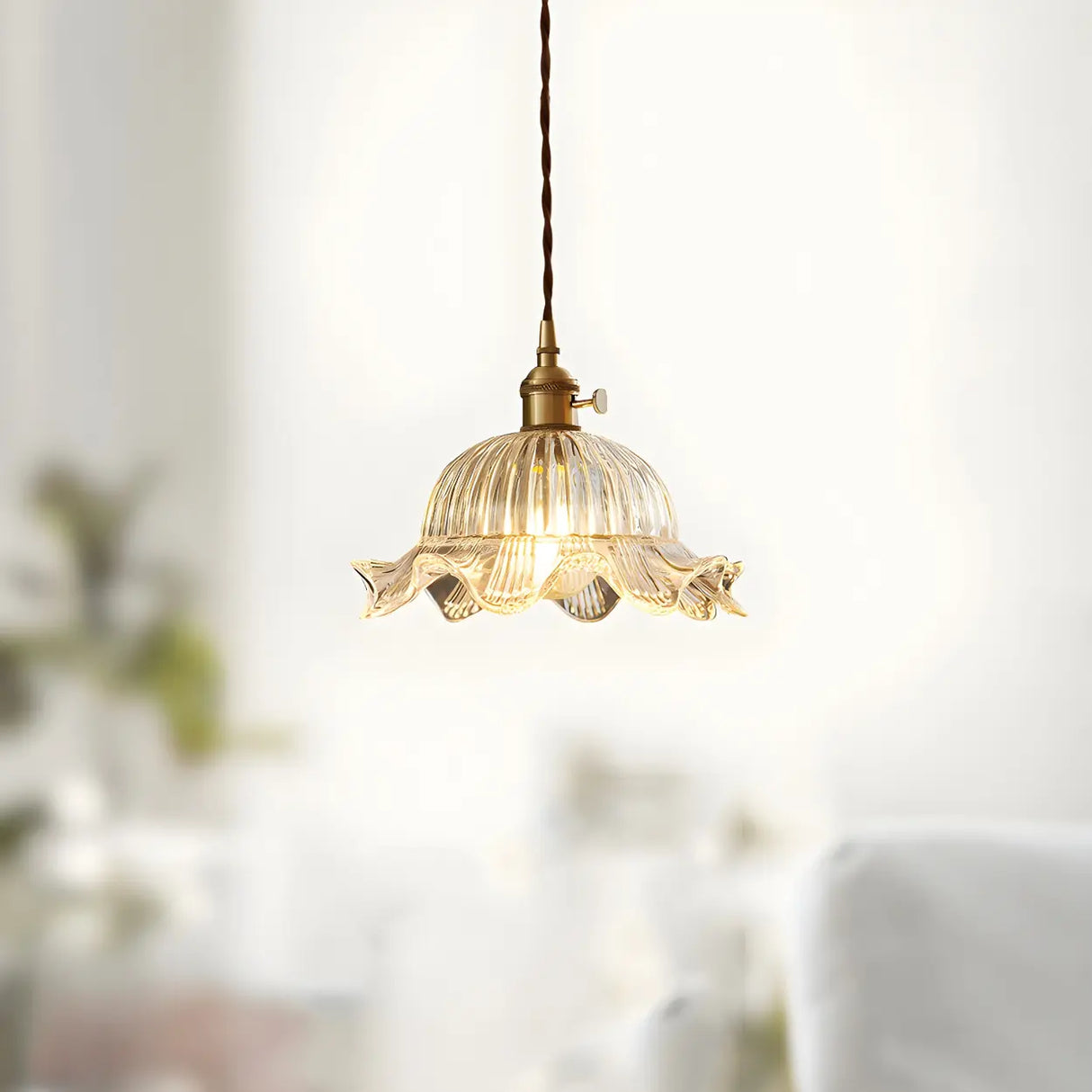 Vintage Floral Clear Glass Pendant Light Brass Finish Image - 11