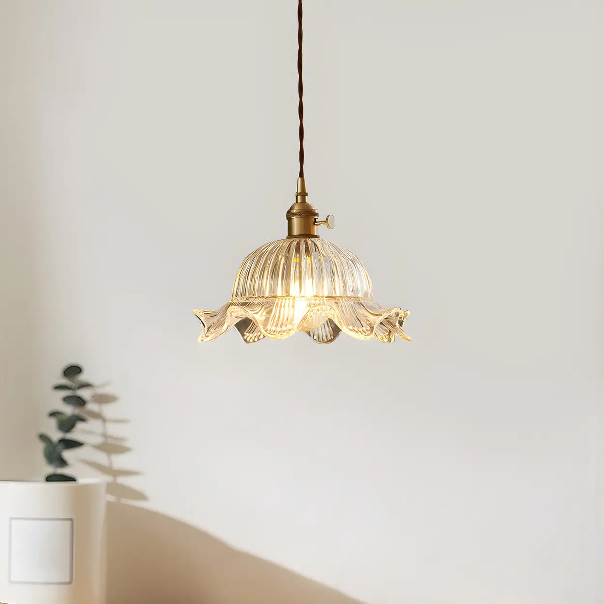 Vintage Floral Clear Glass Pendant Light Brass Finish Image - 2