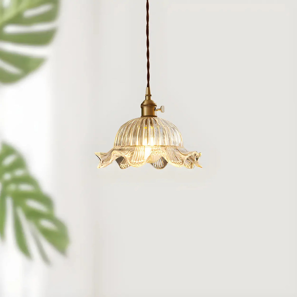 Vintage Floral Clear Glass Pendant Light Brass Finish Image - 3