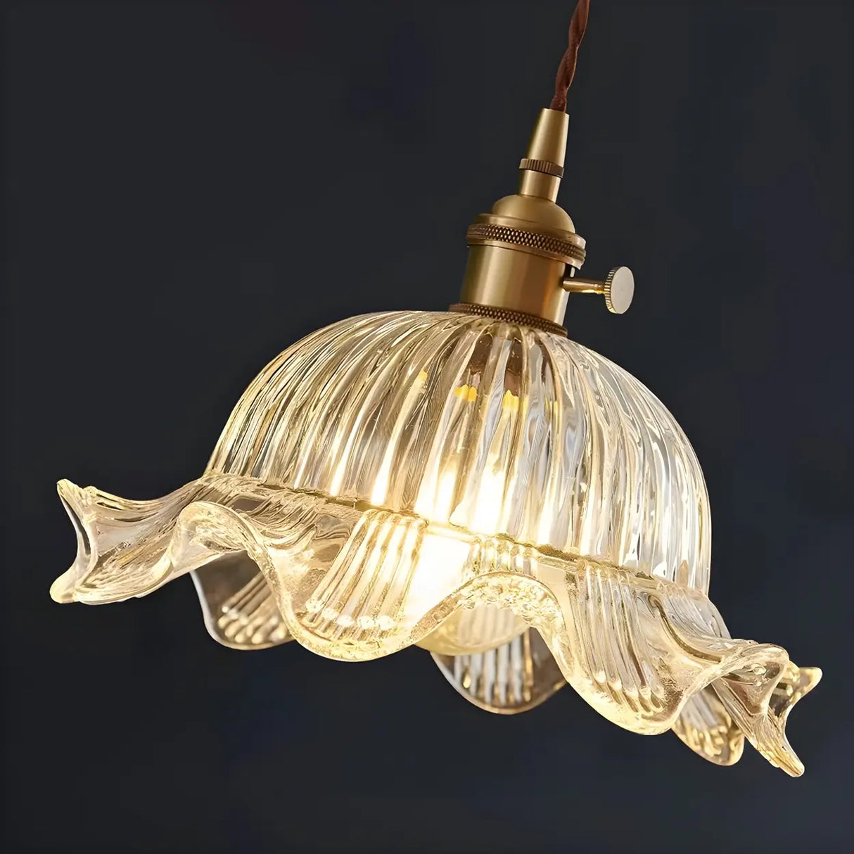 Vintage Floral Clear Glass Pendant Light Brass Finish Image - 4