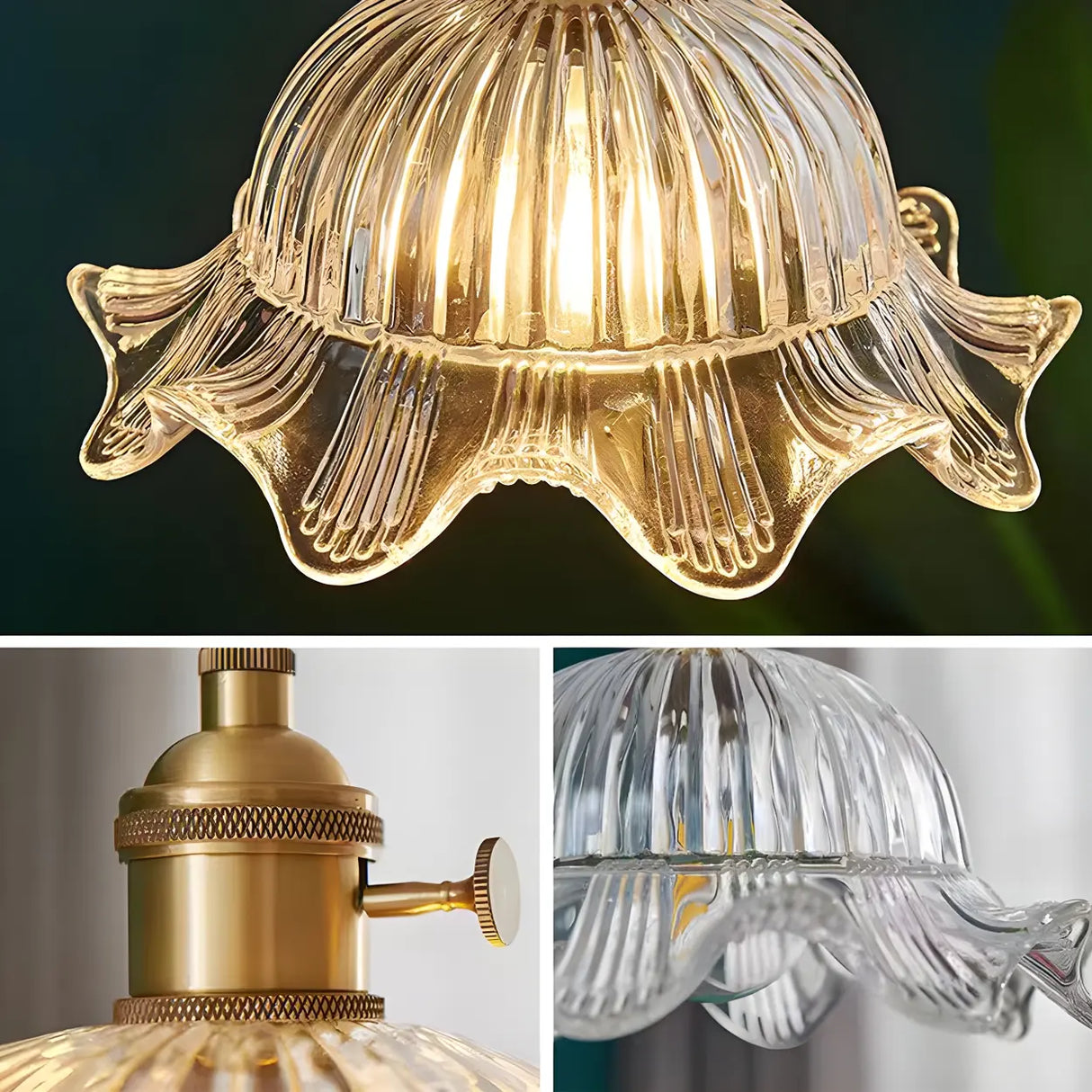 Vintage Floral Clear Glass Pendant Light Brass Finish Image - 6