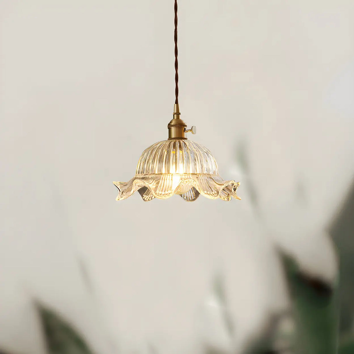Vintage Floral Clear Glass Pendant Light Brass Finish Image - 9