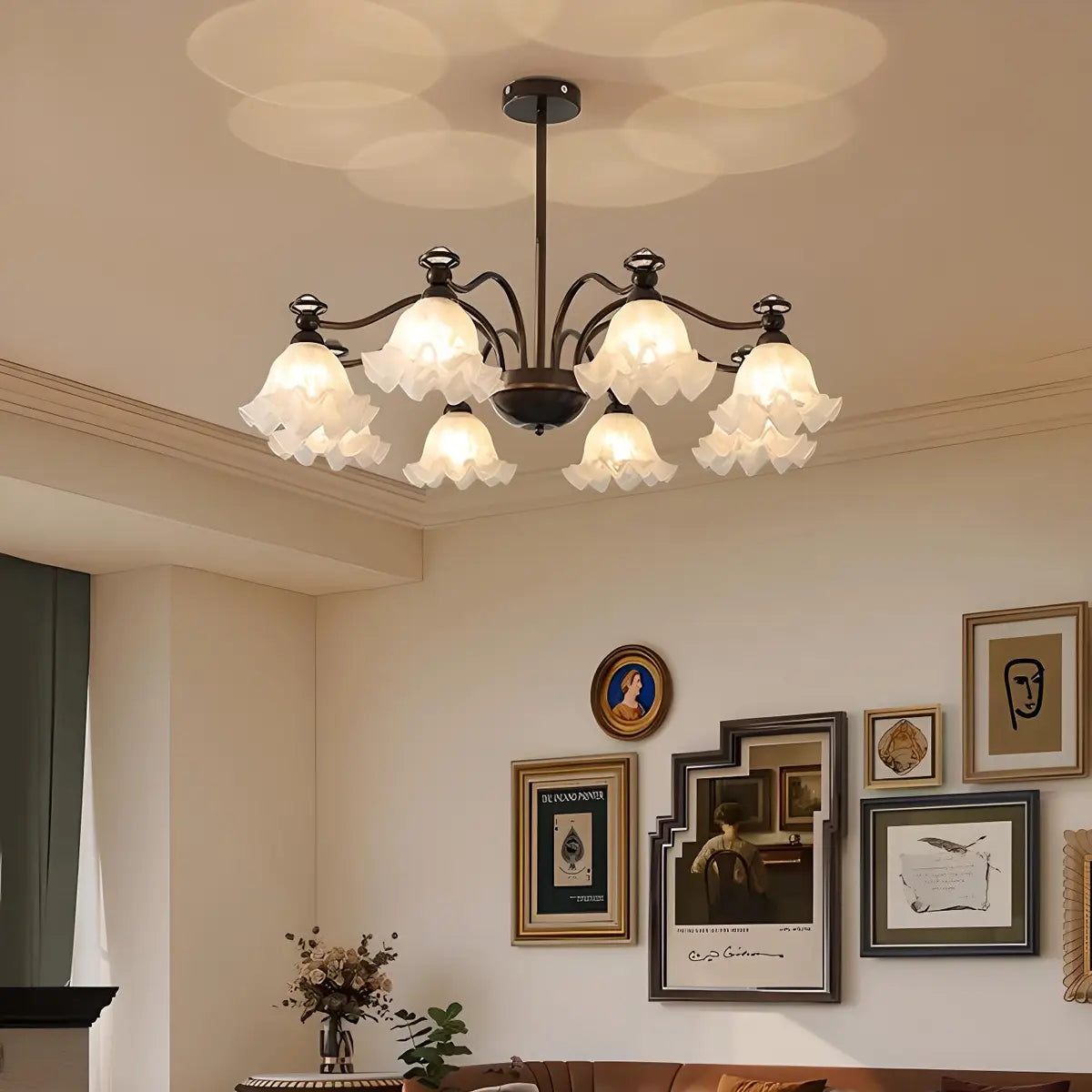 Vintage Floral Glass Living Room 8-Light Black Chandelier Image - 6