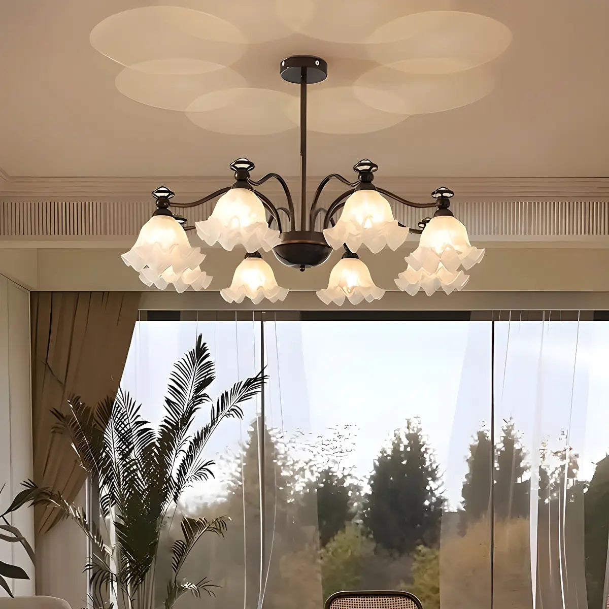 Vintage Floral Glass Living Room 8-Light Black Chandelier Image - 8