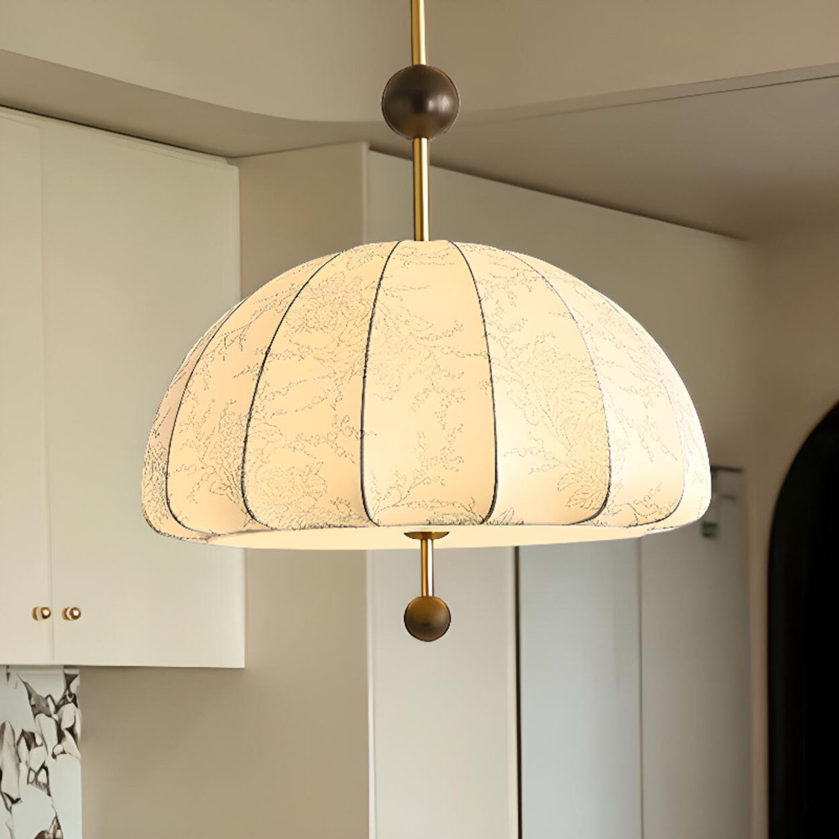 Vintage Floral Pattern Fabric Dome Pendant Light Image - 6