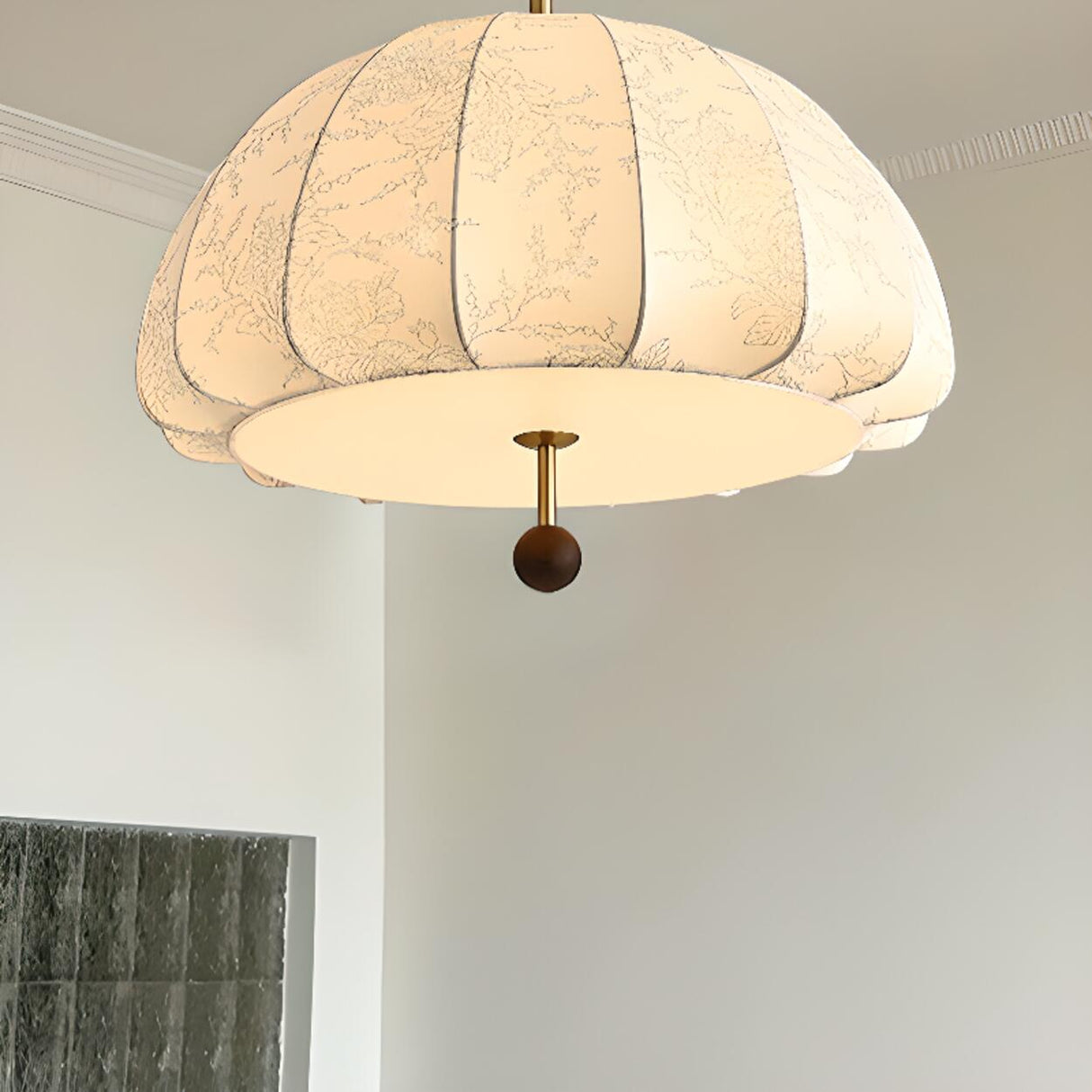 Vintage Floral Pattern Fabric Dome Pendant Light Image - 7