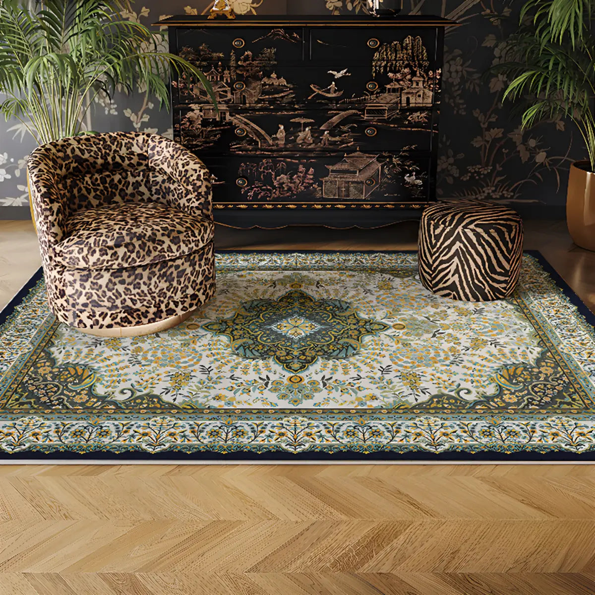 Vintage Floral Rectangle Wool Navy Anti-Slip Area Rug Image - 1